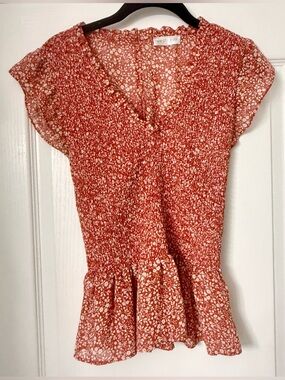 Vestique Rust-Red Floral Smocked Peplum Top